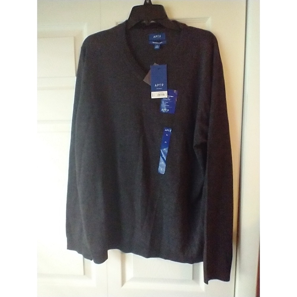 APT. 9 Men's V-Neck Sweater XL Dark Grey Seriously Soft Wool Blend Pullover